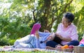 Asian daughter Sleeping on mother lap and reading book on picnic mat in the park. A happy senior woman talks with her daughter. Royalty Free Stock Photo