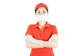Asian Delivery woman in red uniform isolated on white background.Courier in protective mask and medical gloves,concept delivers