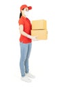 Asian Delivery woman in red uniform isolated on white background.Courier in protective mask and medical gloves delivers takeaway