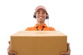 Asian deliveryman holding parcel box isolated