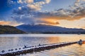 Asian Destinations. Kawaguchiko Lake in Front of Picturesque Fuji Mountain with Line of Boats And Long Pier in Foreground in Japan