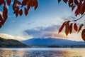 Asian Destinations. Picturesque Kawaguchiko Lake in Front of Japanese Fuji Mountain with Long Bridge in Foreground in Japan