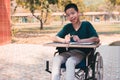 Asian disabled child on wheelchair coloring art work,The skills to practice muscle development