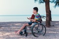 Disabled child on wheelchair hug a dinosaur on summer of sea beach Royalty Free Stock Photo