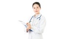 Asian doctor holding pen writing medical case on clipboard Royalty Free Stock Photo