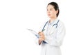 Asian doctor holding pen writing medical case on clipboard Royalty Free Stock Photo