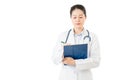 Asian doctor holding pen writing medical case on clipboard Royalty Free Stock Photo