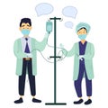 Asian doctor and nurse with medical dropper illustration in color cartoon style. Editable vector graphic design. Royalty Free Stock Photo