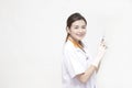 Doctor with smile which preparation syringe and needle vaccination for a operation on white background