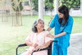 Asian doctor woman looking and taking care elderly woman patient with paralysis, is sitting on a wheelchai Royalty Free Stock Photo