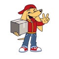 Asian dog in courier clothing with box