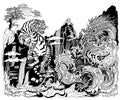 Chinese landscape with Tiger and Asian Dragon at the Waterfall. Illustration