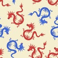 Asian dragons hand drawn vector illustration. Colorful mythology animal seamless pattern.