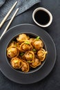 Asian dumplings in bowl, chopsticks, plates. Asian table setting. Chinese dumplings for dinner. Selective focus. Asian Royalty Free Stock Photo