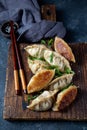 Asian dumplings Gyoza potstickers on old wooden board. Top view, copy space Royalty Free Stock Photo