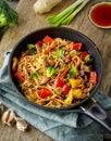 Asian egg noodles with vegetables and meat Royalty Free Stock Photo