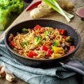 Asian egg noodles with vegetables and meat Royalty Free Stock Photo