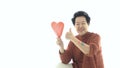 Asian elder mother support LGTBQ children thumb up smile with rainbow pride paint purple red balloon heart Royalty Free Stock Photo