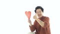 Asian elder mother support LGTBQ children thumb up smile with rainbow pride paint purple red balloon heart