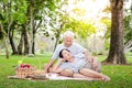 Asian elderly couples sit for picnics and relax in the park.