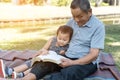 Asian elderly having faith to the Lord, God reading bible outdoor with kid