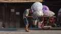 Asian elderly junk buyer is carrying various recycling waste into the old 3-wheel motorbike at morning