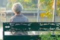 Asian elderly woman depressed and sad sitting back on bench in autumn park Royalty Free Stock Photo