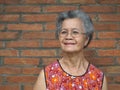 Asian elderly woman looking at camera and smiling while standing with brick wall background Royalty Free Stock Photo