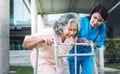 Asian elderly woman patient doing physical therapy walking training by using a walker Royalty Free Stock Photo