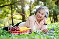 Asian elderly woman picnicking in the park