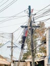 Asian electrician on a ladder repairing wire of the power line on electric power pole