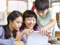 Asian elementary school students using tablet in classroom