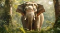 Asian elephant or Elephas maximus indicus roadblock walking head on in summer season and natural green scenic background