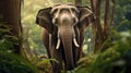 Asian elephant or Elephas maximus indicus roadblock walking head on in summer season and natural green scenic background