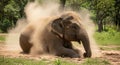 An Asian elephant (Elephas maximus) is rolling on dry, dusty ground, creating a cloud Royalty Free Stock Photo