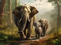 Asian elephant familys walking