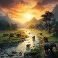 Asian elephants crossing the Karnali river, Bardia, Nepal  Made With Generative AI illustration Royalty Free Stock Photo