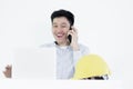 Asian employee engineer salary man sitting at desk and talking w Royalty Free Stock Photo