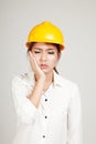 Asian Engineer girl with hard hat got toothache Royalty Free Stock Photo