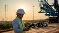 Asian engineer with hardhat using tablet pc computer inspecting and working at construction site Royalty Free Stock Photo