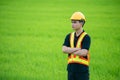 Asian engineering worker wearing hard hat and protective vest serious standing with crossed arms at green rice fields.
