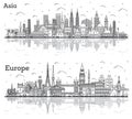 Asian and European Landscape. Outline Famous Landmarks in Asia and Europe with Reflections