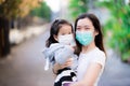 Asian family and adorable child girl wearing medical face masks on public roads.