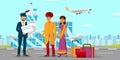 Asian Family at Airport Flat Color Illustration