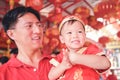 Asian family celebrating Chinese new year, Cute little 2 years old toddler boy child in traditional red Chinese suit at local Chin