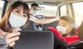 Asian family with children rides in their car and wear medical masks