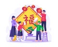 The Asian Family doing house chores together. big cleaning written in Chinese words on couplets, Out with the old in with the new