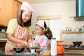 Asian family enjoy making pancake, Asian mother and daughter enjoy making bakery cake, Little Asian girl and mom enjoy decorate p