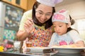 Asian family enjoy making pancake, Asian mother and daughter enjoy making bakery