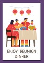 Asian family enjoy reunion dinner, Vector illustration celebrate, eat tasty traditional dishes on mid autumn festival Royalty Free Stock Photo